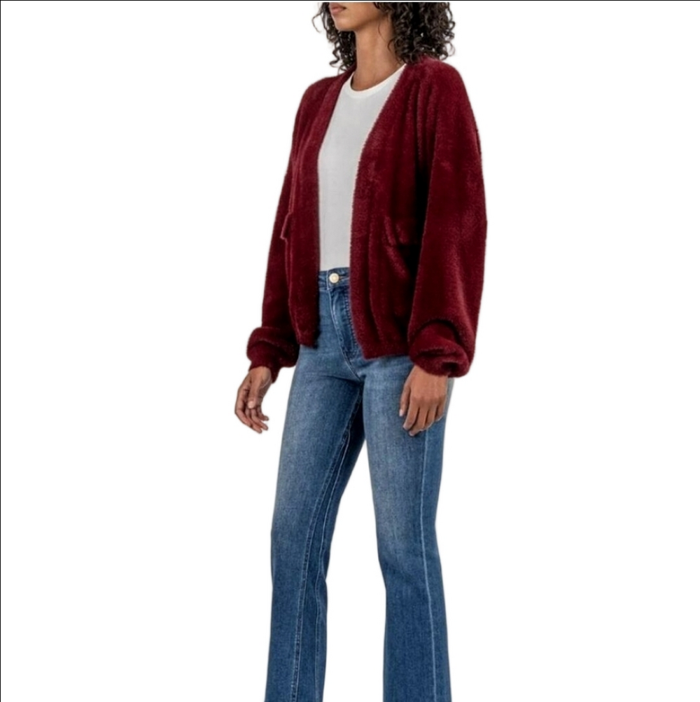 🆕 KUT "JANA" WINE BURGUNDY FUZZY OPEN FRONT CARDIGAN SWEATER WITH POCKETS - Picture 7 of 13